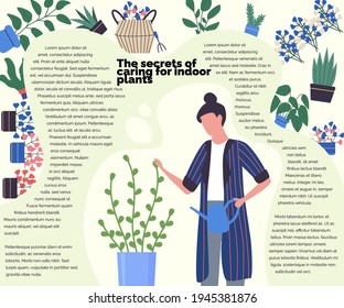 Vector secrets of caring for indoor plants infographics banner with blank space for inscription