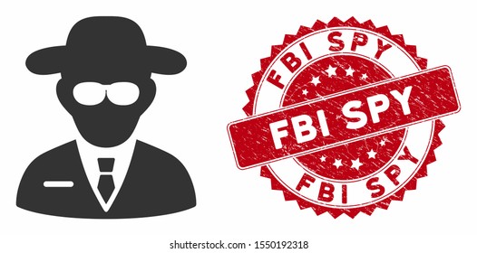 Vector secure agent icon and rubber round stamp watermark with FBI Spy text. Flat secure agent icon is isolated on a white background. FBI Spy stamp uses red color and rubber texture.