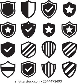 Colección del icono de la insignia de seguridad del Vector — Iconos planos blancos y negros del escudo