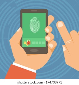Vector security concept in flat style - hand holding mobile phone with touchscreen and fingerprint on it - user identification and data protection