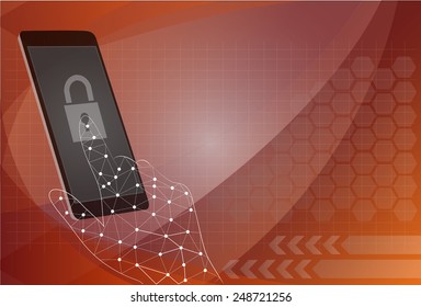 Vector security concept - hand and mobile phone with touchscreen and fingerprint on it - user identification and data protection