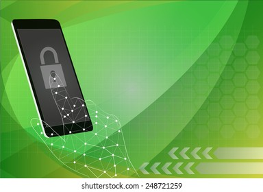 Vector security concept - hand and mobile phone with touchscreen and fingerprint on it - user identification and data protection