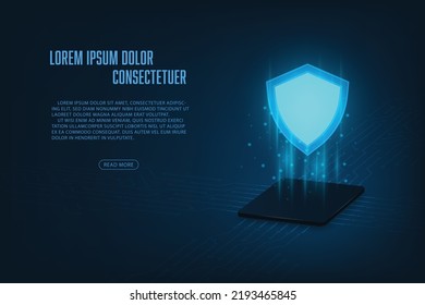 Vector security cyber data concept. Glowing microchip connection hologram shield guard. Technology abstract background.