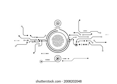 Vektorsicherheitsfingerprint-Scanner-Symbol und elektronische Schaltung mit Logschutz zum Login-System für Technologie-Konzept-Hintergrund.