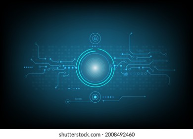 Vector security fingerprint scanning symbol and electronic circuit with lock protection to login system on blue vintage screen for technology concept background.
