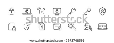 Vector security icon set: locks, keys, and digital protection symbols.