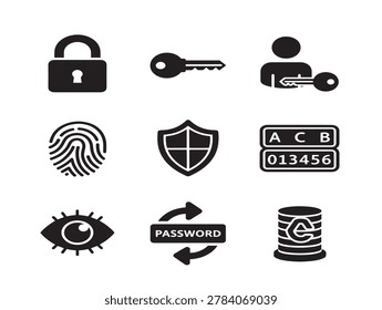 Vector security icons set with lock key fingerprint password shield and code