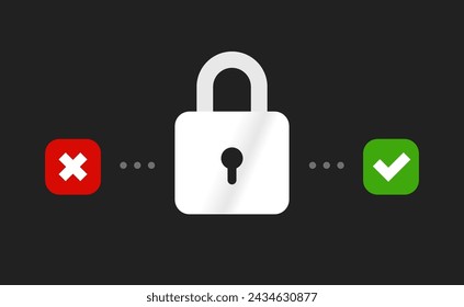 Vector security illustration of closed lock with cross and check mark on black background. Flat style design of padlock with key hole for web, site, banner, poster