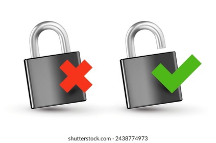 Vector security illustration of locked and unlocked padlock on white background. 3d style design of metallic shine padlock with red cross and green check mark for web, site, banner