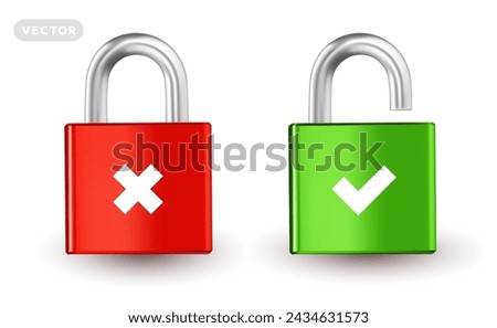 Vector security illustration of locked and unlocked padlock on white background. 3d style design of metallic shine red and green padlock with cross and check mark for web, site, banner