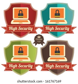 Vector : Security, Privacy or Safety Concept Present By Colorful Vintage Style Shield Icon or Badge With Red High Security Ribbon and Computer Laptop With Lock Screen Sign Isolated on White Background