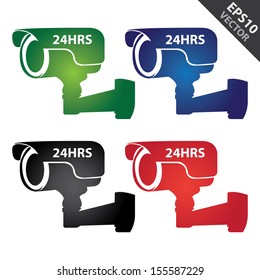 Vector : Security, Privacy or Top Secret Concept Present By Colorful Glossy Style 24HRS Surveillance Camera or CCTV Icon Isolated on White Background 