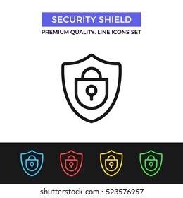 Vector security shield icon. Safeguard, protection. Premium quality graphic design. Signs, outline symbols collection, simple thin line icons set for websites, web design, mobile app, infographics