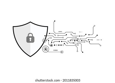Vector security shield symbol with lock and electronic circuit protection to login system for technology concept background.