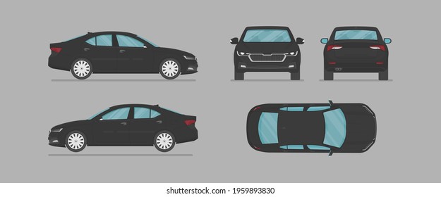 Vector Sedan Auto. Black Car From Different Sides. Side View, Front View, Back View, Top View. Cartoon Car In Flat Style.