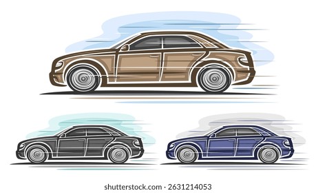 Vector Sedan Cars Set, horizontal automotive poster with three isolated colorful illustrations of simple concept car in moving, clip art of running classic sedan car on white background