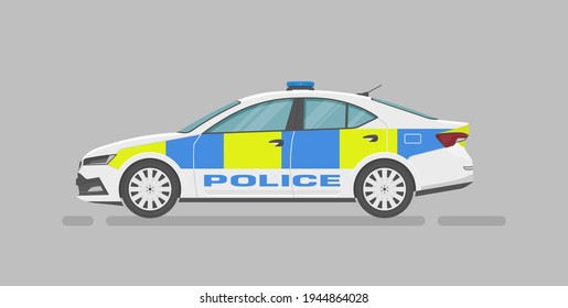 Vector sedan. English police car. Cartoon flat illustration, auto for graphic and web design. Side view.