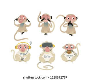 Vector see no evil, hear no evil, speak no evil metaphor with monkeys covering eyes, mouth, ears by hands, eating burger, wearing headphones and VR headset. Cartoon ape animals for moral design