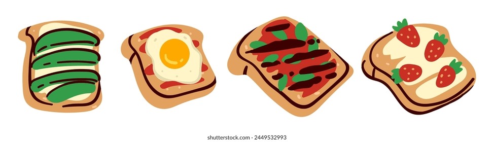 A vector selection of assorted topped toasts, deliciously detailed, isolated on white, ideal for food blogs.