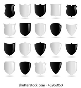 Vector selection of black and white badges or shields in different shapes suitable for use in layouts, logos or heraldry. JPG and TIFF versions of this image are also available in my portfolio.