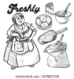 Vector selection with pastries - cook, eggs, flour, inventory, inscription