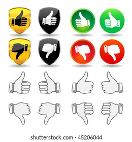 Vector selection of thumb icons and badges, with thumb pointing up and down for the right and left hand. JPG and TIFF versions of this image are also available in my portfolio.