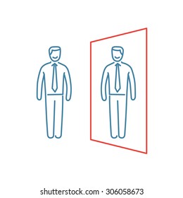 Vector self awareness skills icon of businessman standing in front of the mirror | modern flat design soft skills linear illustration and infographic red and blue on white background