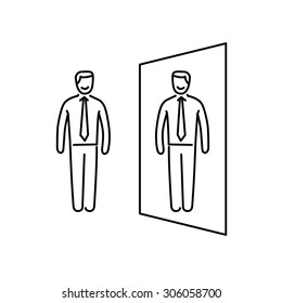 Vector self awareness skills icon of businessman standing in front of the mirror | modern flat design soft skills linear illustration and infographic black on white background