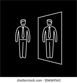 Vector self awareness skills icon of businessman standing in front of the mirror | modern flat design soft skills linear illustration and infographic white on black background