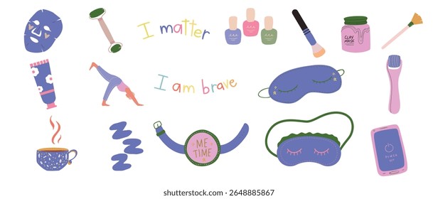 Vector self care collection – cozy wellness items, skincare routine, relaxation and mental health illustrations