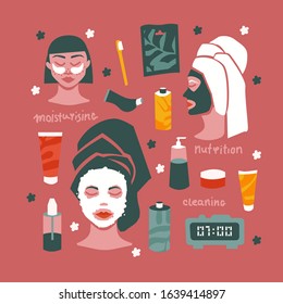 Vector self care set with organic cosmetics. Girls after shower with bubble mask and eye patches. Morning beauty routine. Flat design, cosmetology industry. Cartoon style. All elements are isolated.