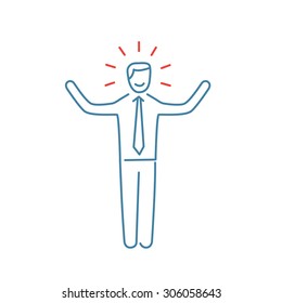 Vector self confidence skills icon of happy businessman with hands up | modern flat design soft skills linear illustration and infographic red and blue on white background