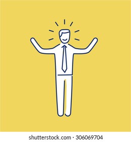 Vector self confidence skills icon of happy businessman with hands up | modern flat design soft skills linear illustration and infographic on yellow background