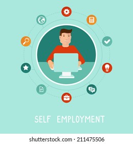 Vector self employed man in flat style - sitting at computer and working on freelance project - infographic with icons and signs