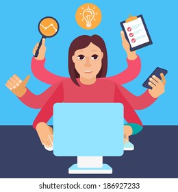 Vector self employment concept in flat style - multitasking woman working on different projects from her home office