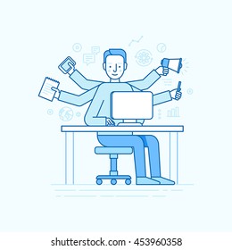 Vector self employment concept in trendy flat linear style - multitasking freelancer - man working on different projects from his home office