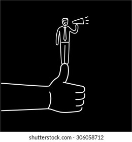 Vector self promotion skills icon of businessman staying on the top of the thumb up | modern flat design soft skills linear illustration and infographic white on black background