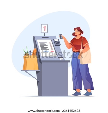 Vector self service terminal at food store. Flat cartoon image of checkout cashier at grocery store. Kiosk for supply payment at supermarket or shop. Scanner at counter for product purchase.