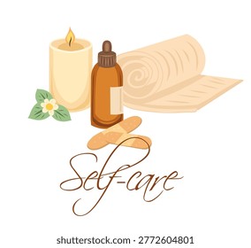 Vector self-care card. Relaxing banner. Spa and bodycare. Illustration with oil, candle, patches and bandage for banners and articles.
