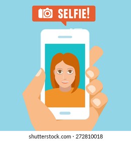 Vector selfie concept - flat character taking selfie by mobile phone - new technology concept