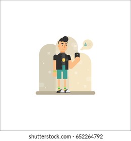 Vector selfie concept. Young men doing selfie on phone. Cartoon character.