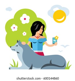 Vector selfie girl with a dog. Flat style colorful Cartoon illustration.