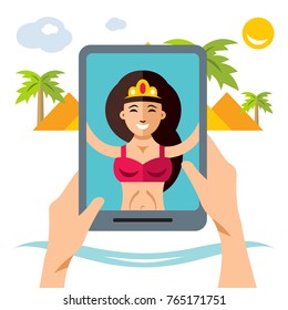 Vector Selfie Girl. Flat style colorful Cartoon illustration.