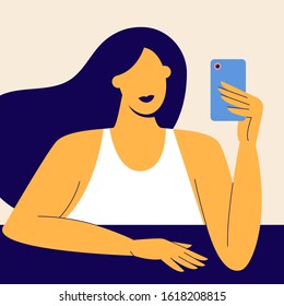 Vector selfie illustration. Beautiful abstract woman holding smartphone and making selfie. Millennials illustration. Flat trendy style. Woman selfie vector.