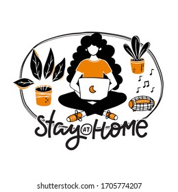 Vector Self-quarantine concept. Work at home, girl working on laptop. COVID-19, Coronavirus quarantine prevention 