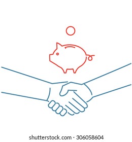 Vector selling skills icon of handshake and piggy money bank | modern flat design soft skills linear illustration and infographic red and blue on white background