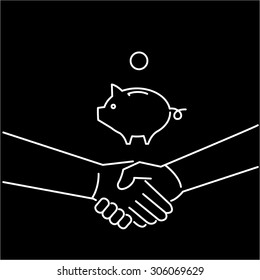 Vector selling skills icon of handshake and piggy money bank | modern flat design soft skills linear illustration and infographic white on black background