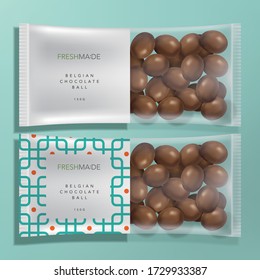 Vector Semi Transparent Food & Snack Packet Packaging with Geometric Pattern and Milk chocolate Mock Up