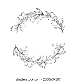 Vektor-Halbkranz mit Olivenzweigen, Oliven und Blättern. Schöner handgezeichneter Blumenkranz mit Oliven. Vektorgrafik. 