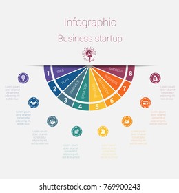 Vector semicircle template infographics startup business concept with 8 parts, options, steps, illustration for cyclical diagram, pie chart, area chart, business presentation, web design